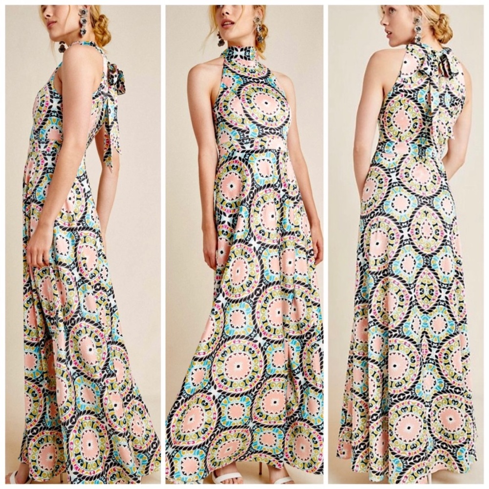 Anthropologie Pastel Medallion Halter-Neck Maxi Dress in Pink, Blue, Cream